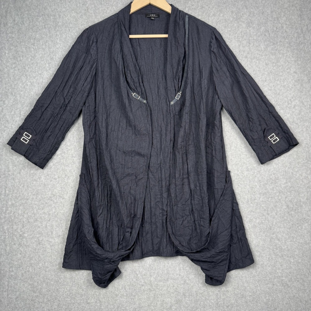Vex Collection Cardigan Womens 42 / Large Navy Crinkle Buckle 3/4 Sleeve Open